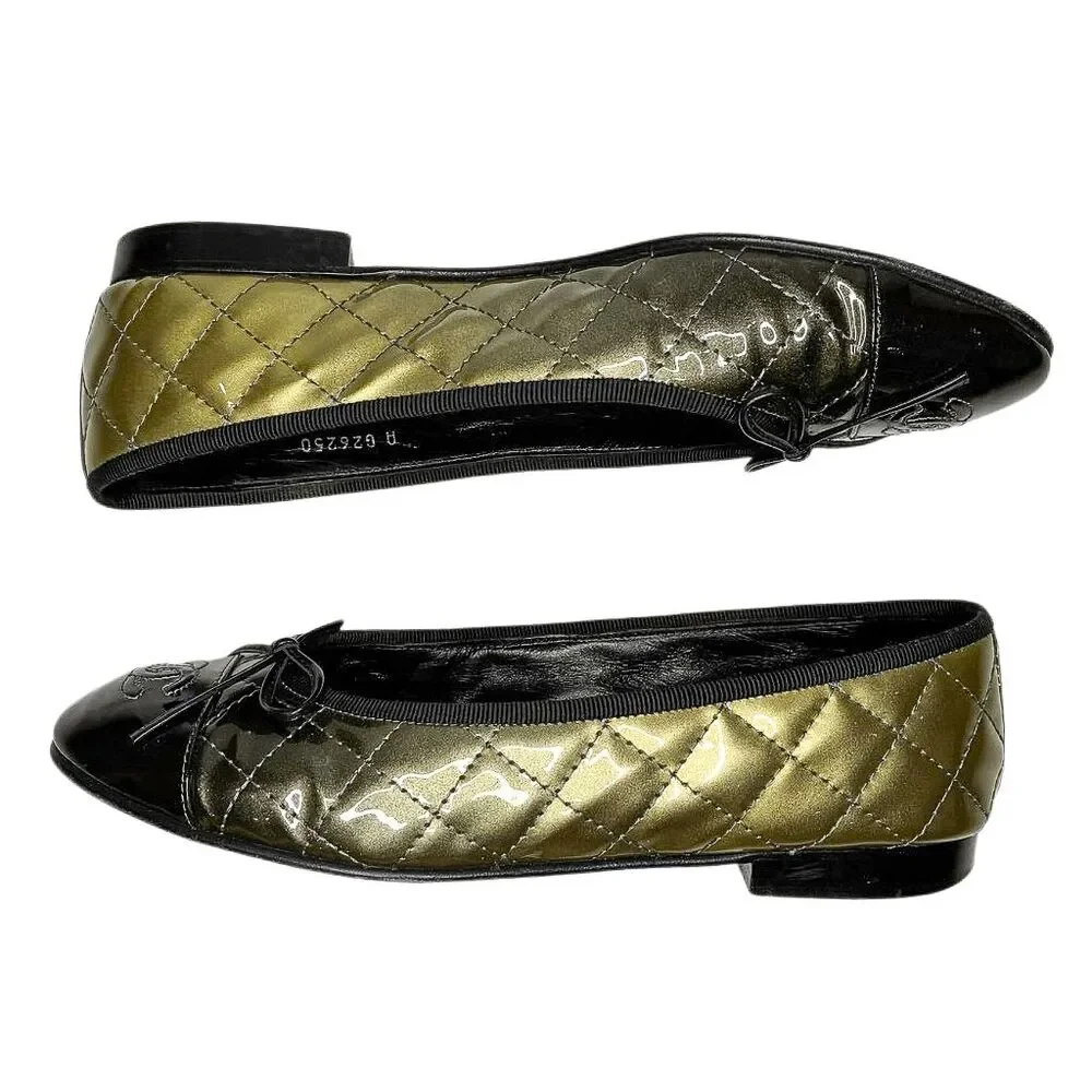 Chanel G26250 Ballet Flats EU 37 Black Patent Cap Toe CC Bow w/ Box Dust Bags